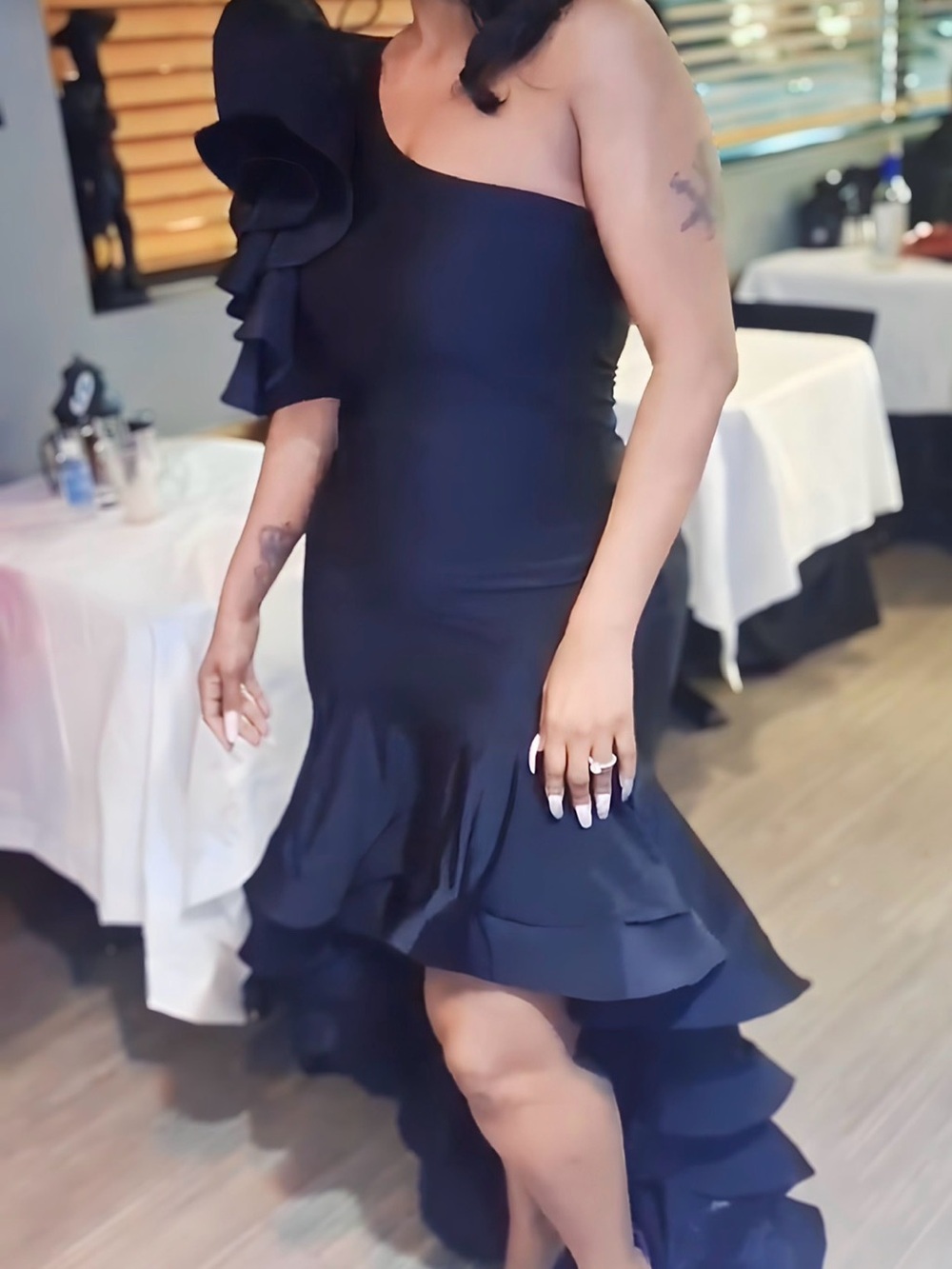 Fashion Nova Black One-Shoulder Ruffle-Hem Midi Dress
